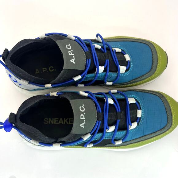 A.P.C. Little Joe Sneakers Logo Ripstop Leather Neoprene EU 39 Blue Green Bungee - Picture 3 of 9
